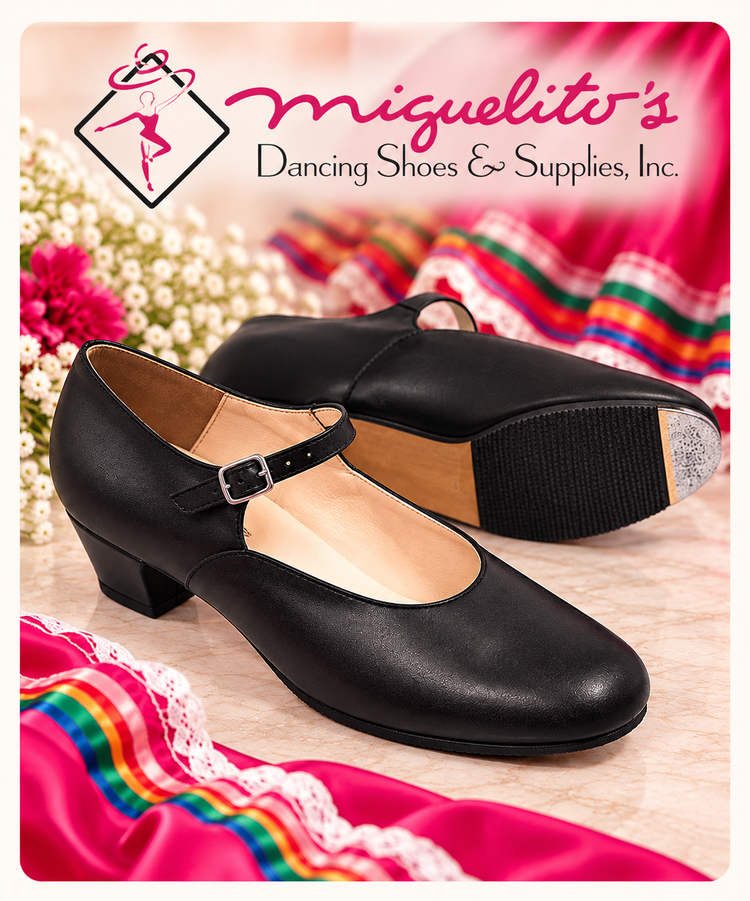 Black Miguelito women's folklórico shoes with strap and buckle, shown with the Miguelito's logo