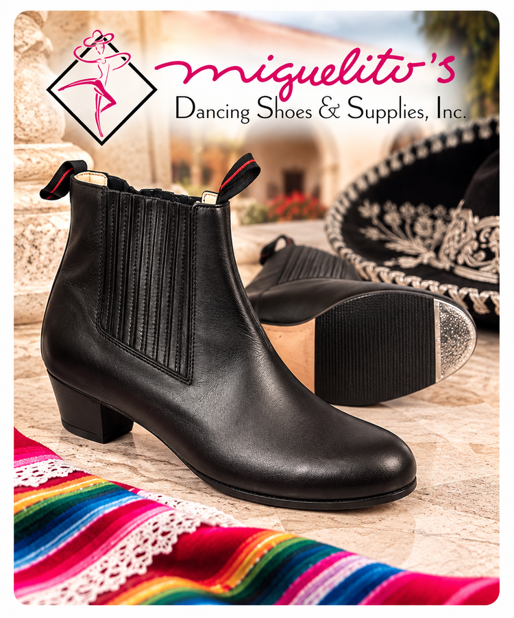 Black Miguelito men's botín boots with elastic side panels, shown with the Miguelito's logo