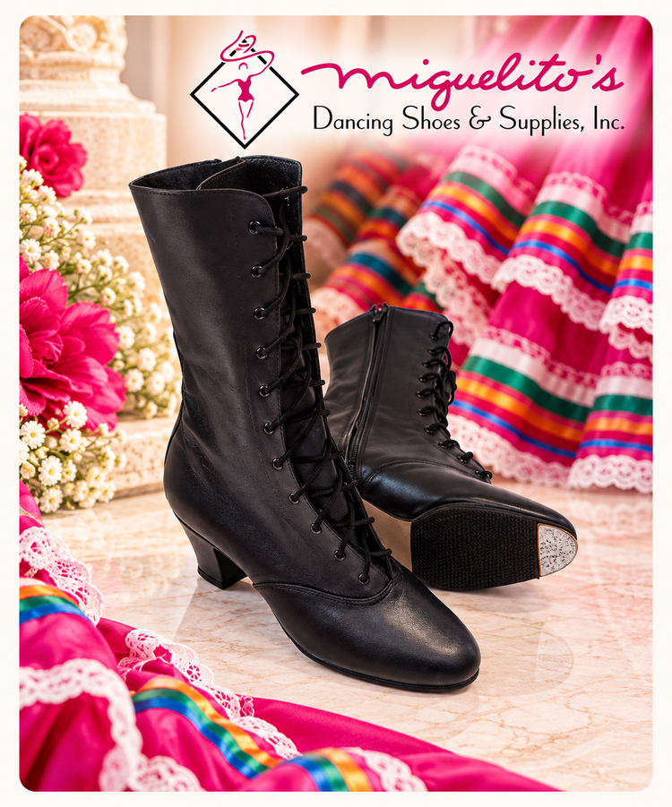 Black lace-up Miguelito women's folklórico boots, shown with the Miguelito's logo